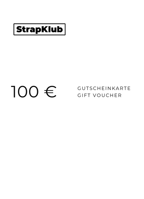 StrapKlub Geschenkgutschein über 100 Euro auf weißem Hintergrund