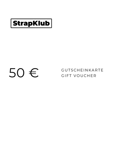 StrapKlub Geschenkgutschein über 50 Euro auf weißem Hintergrund